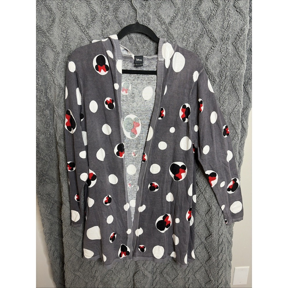 Disney Minnie Mouse Polka Dot Hooded Open Front Cardigan Gray Women Size 1